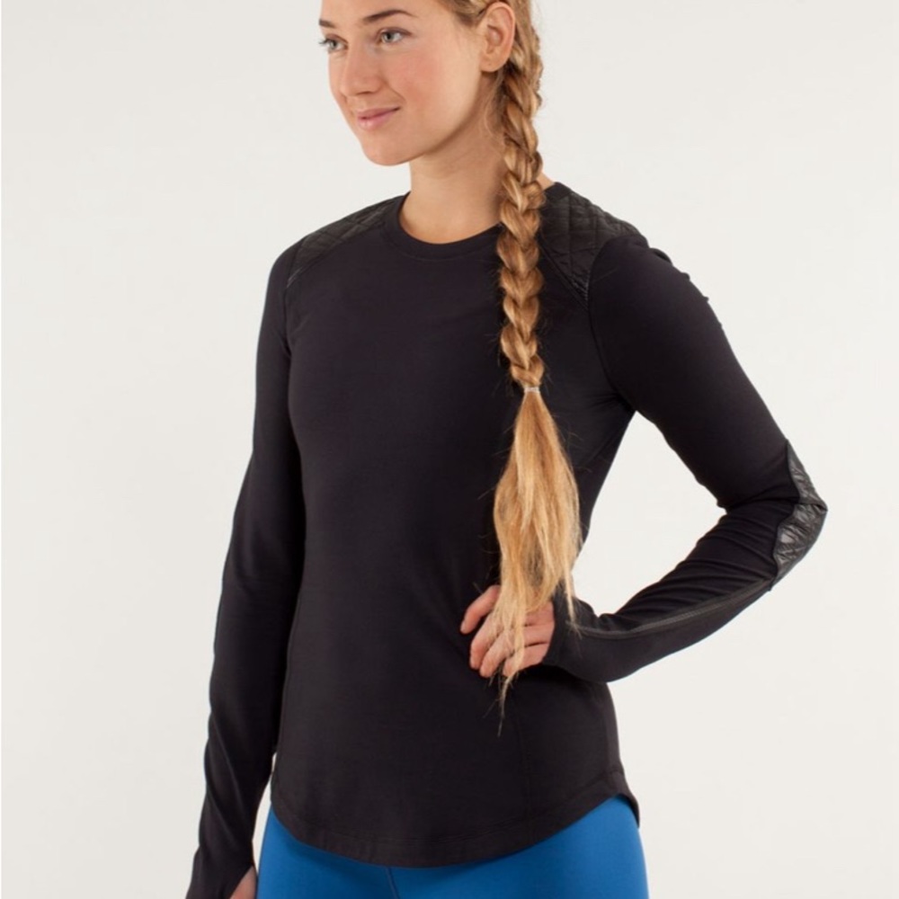 Lululemon Ice Queen Top Shirt Womens Size 4 Black Quilted Shoulder Elbow Patch - Picture 2 of 6